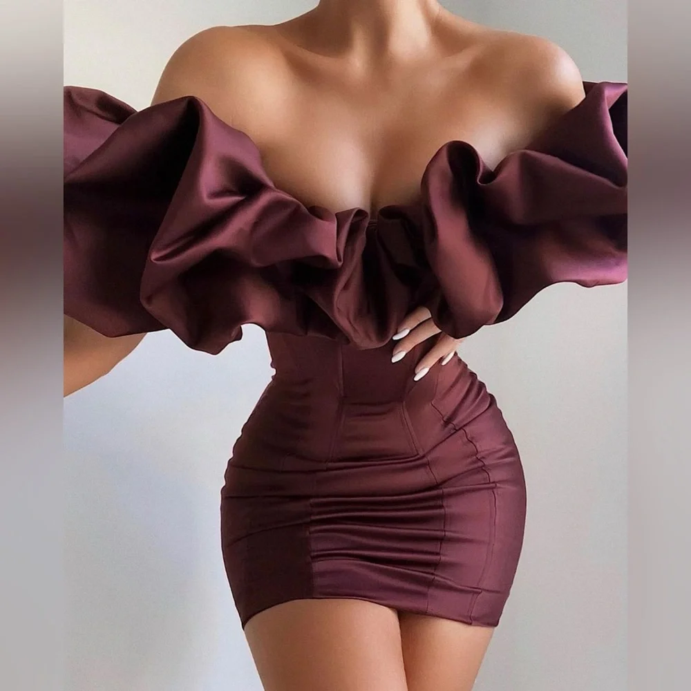 HOUSE OF CB 'Selena' Raisin Satin Ruffle Strapless Dress NWOT - Picture 3 of 15